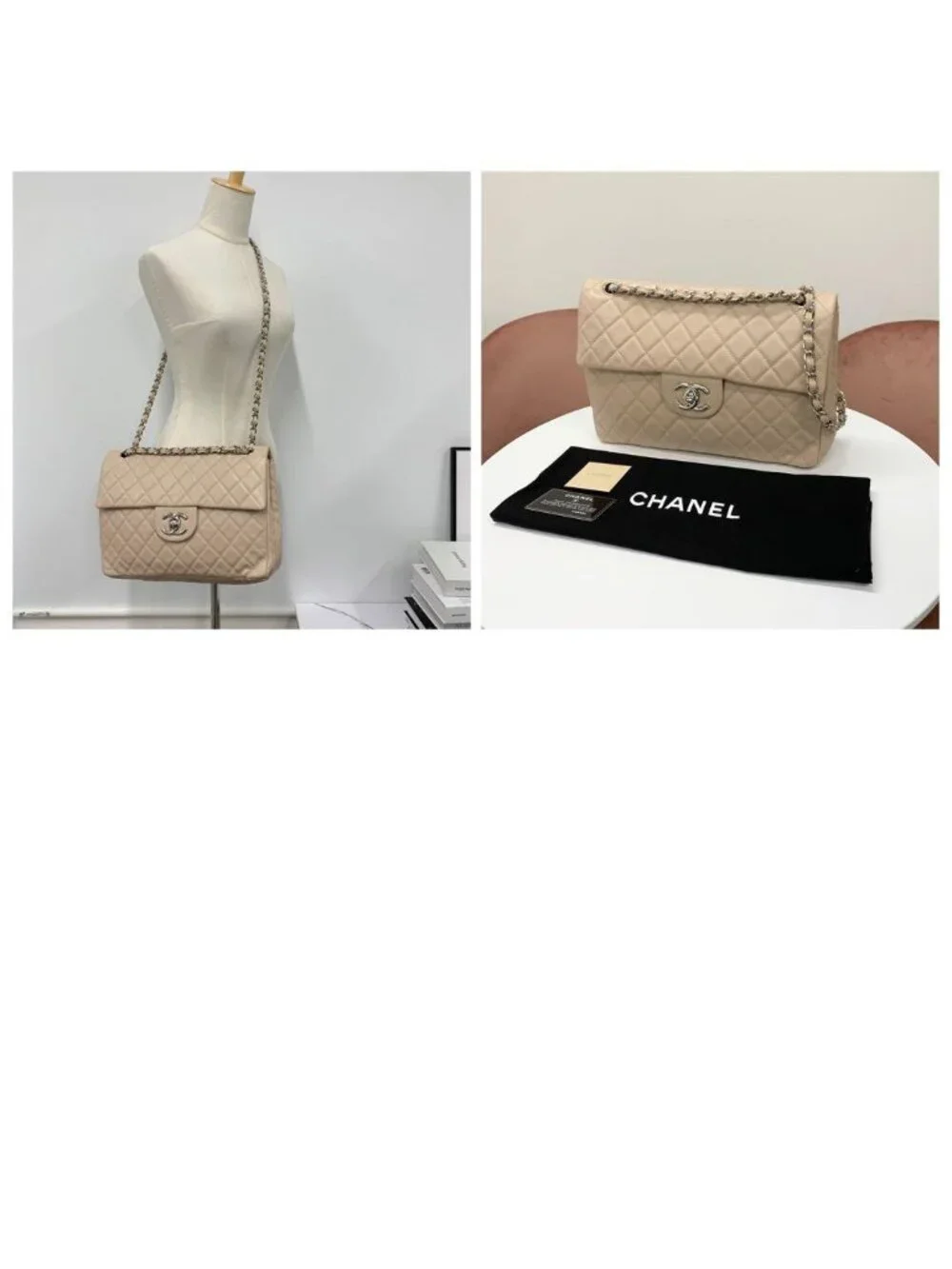 Chanel Big Quilted Caviar Leather CC Logo Shoulder